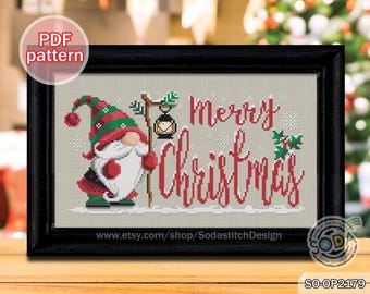 Cross Stitch Pattern pdf Gnome Santa Fairy Elf Pixie Winter Holiday, SO-OP2179 'Merry Christmas'