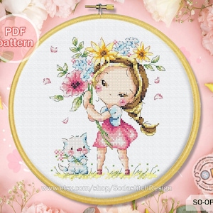 Cross Stitch Pattern,Modern Xstitch Grid Instant pdf Download Counted Chart,SO-OP3207 &#39;Flower Girl&#39;