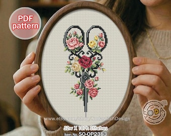 Patrón de punto de cruz en PDF, SO-OP2383 'Tijeras para flores'