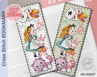 Bookmark Cross Stitch Pattern pdf Fairy Tale Story Book Instant Download Chart Grid Scheme,SO-BM37 'Alice in Wonderland'