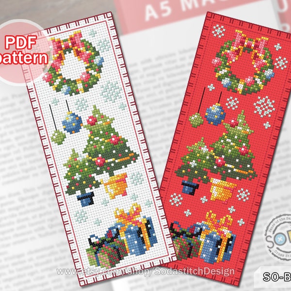 Bookmark Cross Stitch Pattern pdf Christmas Tree Winter Instant Download Counted Chart Grid Scheme,SO-BM8 'Merry Christmas'
