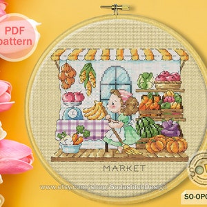 May include: Cross stitch pattern of a girl shopping at a market. The market is filled with fresh produce, including carrots, bananas, watermelons, and eggplant. The girl is holding a basket and a broom. The text "MARKET" is written below the market.