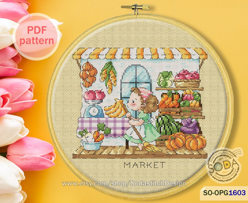 May include: Cross stitch pattern of a girl shopping at a market. The market is filled with fresh produce, including carrots, bananas, watermelons, and eggplant. The girl is holding a basket and a broom. The text "MARKET" is written below the market.