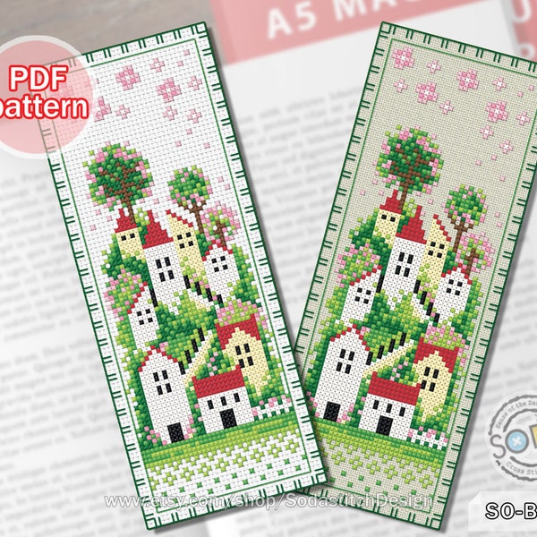 Bookmark Cross Stitch Pattern pdf Spring Four seasons Forest House Town Instant Download Counted Chart Scheme,SO-BM20 'Spring Village'