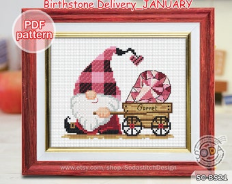 Kruissteekpatroon pdf Garnet Jewel Gem Jewelry Sieraden Gnome, SO-BS21 'Birthstone Delivery_JANUARY'