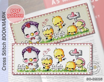 Patrón de punto de cruz en PDF Marcapáginas Lectura Granja de pollos moderna, SO-BM25 'Picnic de pollitos'