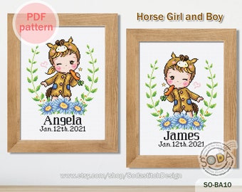 Patrón de punto de cruz en PDF Anuncio de nacimiento Zodiaco chino moderno, SO-BA10 'Niño-Caballo'