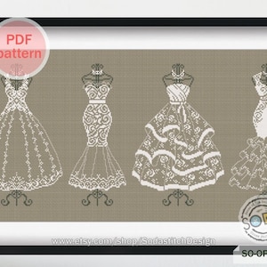 May include: Cross stitch pattern featuring four different wedding dresses on mannequins. The dresses are all white with intricate lace details. The background is a light brown color. The text "SO-OPG113" is in the bottom right corner.