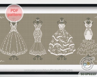 Cross Stitch Pattern pdf,Wedding Party Modern White Mono tone Simple Counted pattern,Instant pdf Download,SO-OPG113 &#39;Dress&#39;