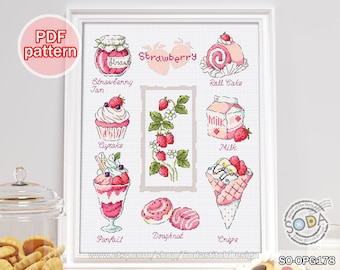 Cross Stitch Pattern pdf Strawberry Jam Roll Cake Cup Cake Crepe Modern Instant pdf Download Counted Chart,SO-OPG178 'Strawberry'