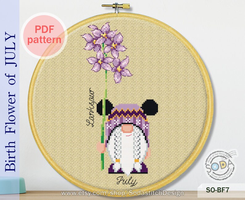 Birth Month Flower,july,gnome Cross Stitch Pattern,pdf Cross