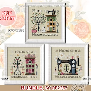 May include: Three framed cross-stitch patterns with the text "Home of a Needleworker." The designs feature a sewing machine, house, scissors, and a Christmas tree. The top design has a sewing machine on top of a house. The bottom designs have the text "Needleworker."