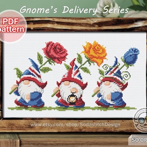 May include: Cross stitch pattern featuring three gnomes carrying flowers. The gnomes are wearing red and blue hats with a Union Jack design. The flowers are a red rose, a yellow rose, and a blue rose. The pattern is titled "Gnome's Delivery Series" and includes the website www.etsy.com/shop/SodastitchDesign. The pattern is labeled "PDF pattern".