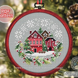 Schema per punto croce in formato PDF per ornamento per albero di Natale, SO-OP2333 'Città di Natale'