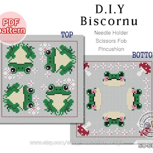 Può includere: Un modello PDF per un biscornu fai-da-te, un piccolo cuscino rotondo imbottito, con un design a forma di rana. Il modello include istruzioni per realizzare un porta aghi, un porta forbici o un porta spilli.