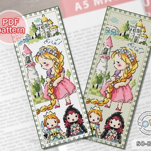 Cross Stitch Pattern pdf Bookmark Reading Fairy Tale Story Book Princess Prince, SO-BM44 'Rapunzel'
