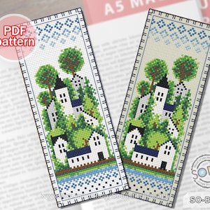 Bladwijzer kruissteekpatroon pdf Zomer vier seizoenen Forest House Town Instant Download geteld grafiekschema, SO-BM19 'Summer Village'