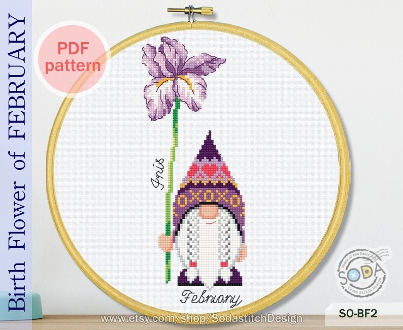 Birth Month Flower, February,Iris Gnome Garden Elf modern instant pdf download counted chart,SO-BF2 'Birth Flower of February' image 1