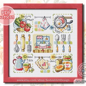 May include: Cross-stitch pattern with kitchen-themed illustrations in a red frame. Depicts vegetables, cooking utensils, a fried egg, and a table setting. Text includes "PDF pattern", "broccoli tomato", "salt egg", "green tea", and "orange jam".