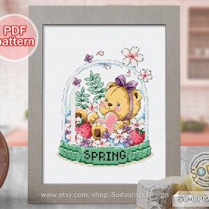Kruissteekpatroon pdf Vier seizoenen lente teddyberen schattig dier modern Instant pdf download getelde grafiek, SO-OPG157A 'Bear Water Ball'