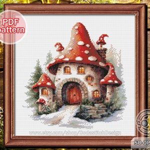 Cross Stitch Pattern pdf Elf Fairy Sprite Pixie Mushroom House digital download,SO-OP2187 'Elf House'