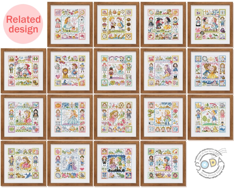 May include: A set of 18 cross stitch patterns featuring various fairytale characters and scenes. Each pattern is framed in a brown wooden frame and displayed on a white background. The patterns are all in a similar style, with colorful embroidery and detailed designs.