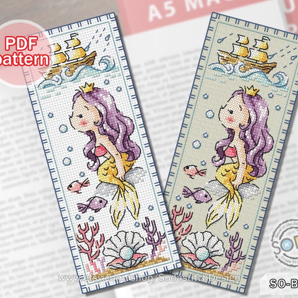 Bookmark Cross Stitch Pattern pdf Mermaid Fairy Tale Story Book Instant Download Chart Grid Scheme,SO-BM36 'The Little Mermaid'