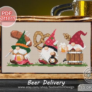 Cross Stitch Pattern pdf Gnome Germany Oktoberfest Beer Festival Fairy Elf Pixie Cute Modern Counted Download,SO-OP2177 &#39;Beer Delivery&#39;