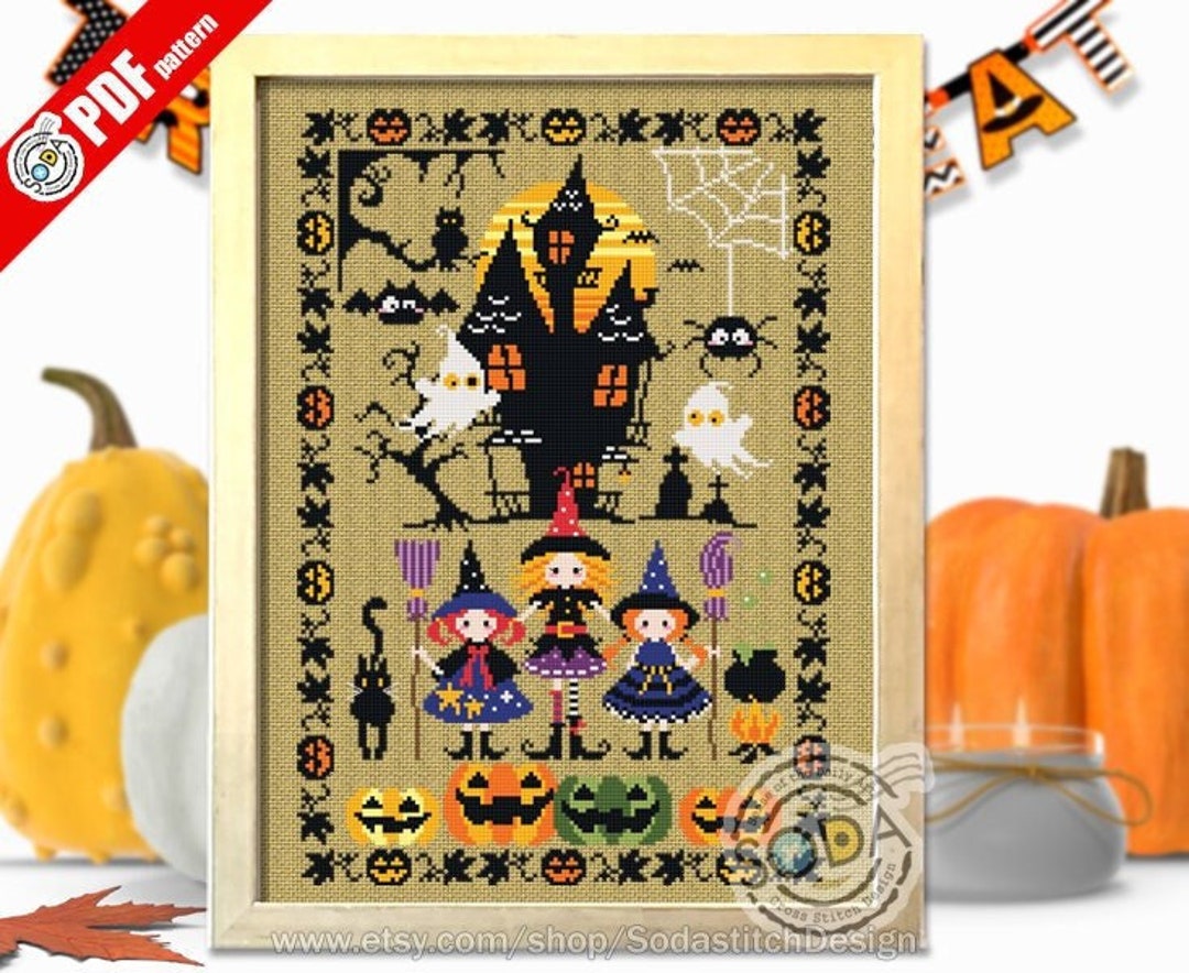 Cross Stitch Pattern Pdf Witch Ghost Pumpkin Spider Modern, SO-OP118 ...