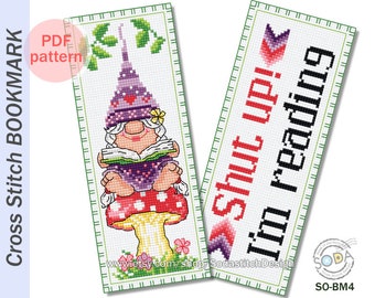 Gnome Cross Stitch Pattern pdf Bookmark Reading Elf Fairy Pixie, SO-BM4 'Girl Gnome'