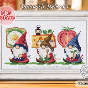 Korsstygnsmönster pdf Gnome Fairy Elf Cheese Tomato Series Modern, SO-OP2297 'Smörgåsleverans'