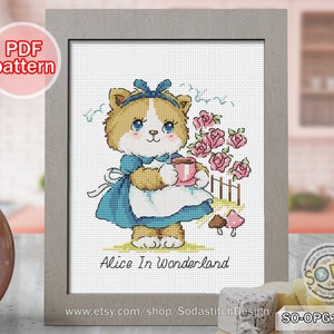 Cross Stitch Pattern pdf Alice in Wonderland Cat Kitten Kitty Cute Animal Modern,SO-OPG151C &#39;The fairy tale of cats&#39;