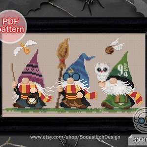 May include: Cross stitch pattern featuring three gnomes dressed as Harry Potter characters. The gnomes are wearing Hogwarts house colors and holding props like a wand, a broom, and an owl. The pattern includes the text "9 3/4" and "SO-OP287".