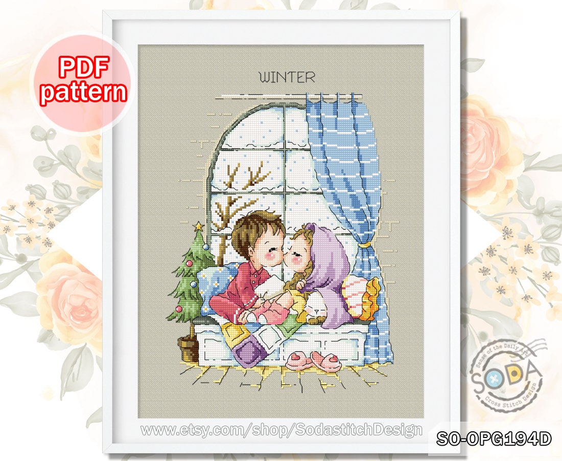 Cross Stitch Pattern pdf Four Season Winter Modern Counted Download,SO-OPG194D 'Four Season Window_Winter'