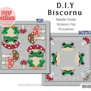Può includere: Uno schema PDF per un biscornu fai-da-te con un design carino di rana e fungo. Lo schema include istruzioni per realizzare un porta aghi, un porta forbici o un cuscino per spilli. Lo schema è intitolato "D.I.Y Biscornu" e include le parole "TOP" e "BOTTOM" per indicare i diversi lati del progetto.