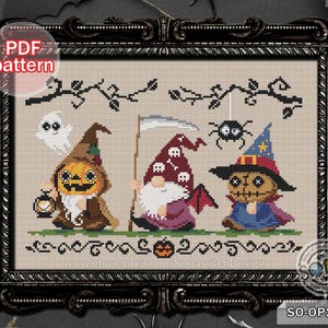 May include: Cross-stitch pattern featuring three Halloween gnomes. One gnome is a pumpkin, one is a witch, and one is a skeleton. The pattern includes a spider and a ghost. The pattern is titled "SO-OP288".
