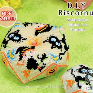 Cross Stitch Pattern pdf Needle Holder Pincushion Scissors Fob Cat, SO-BC97 'Biscornu_Halloween Witch'
