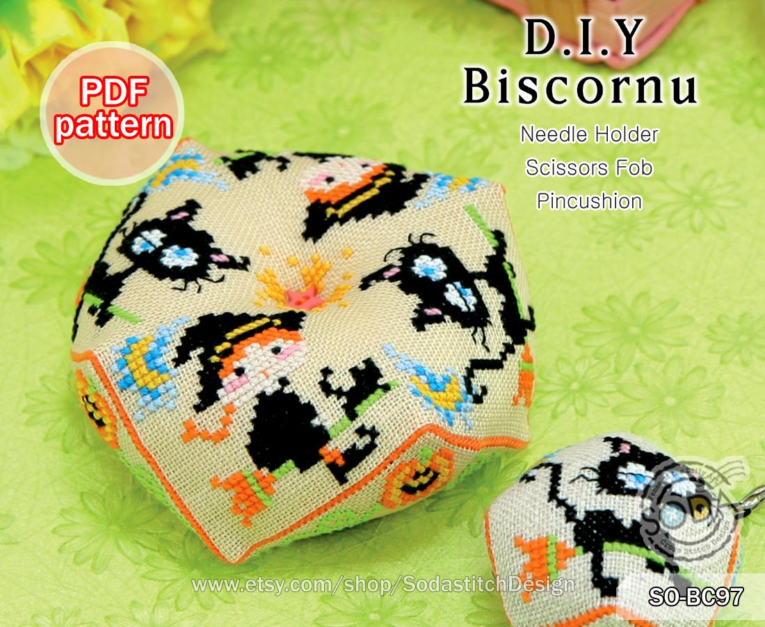Cross Stitch Pattern Pdf Needle Holder Pincushion Scissors Fob Cat