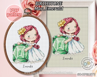 Cross Stitch Pattern pdf Jewel Gem Jewelry Jewellery, SO-OPG137E 'Birthstone_May_Emerald'