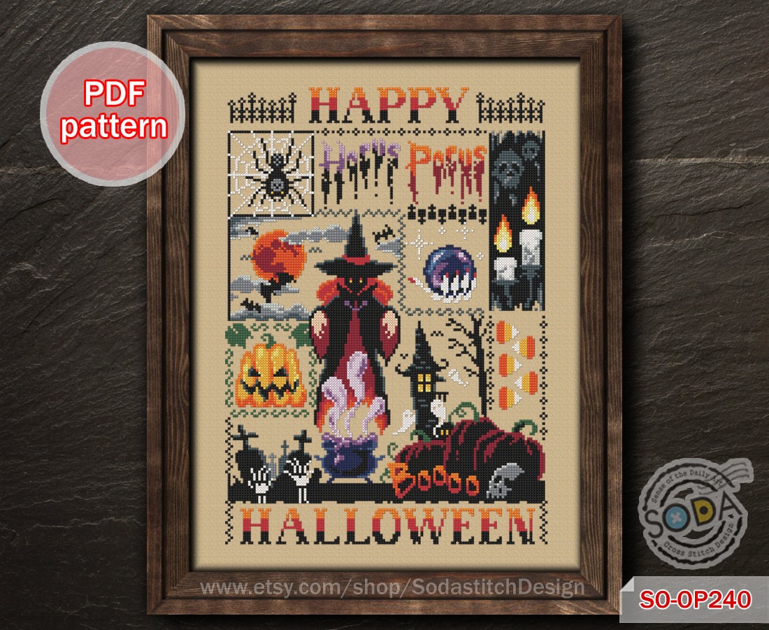 Cross Stitch Pattern Pdf Halloween Witch Autumn Fall Pumpkin Anniversary  Season Modern Pdf Download Counted Chart,so-op240 'halloween Witch' 