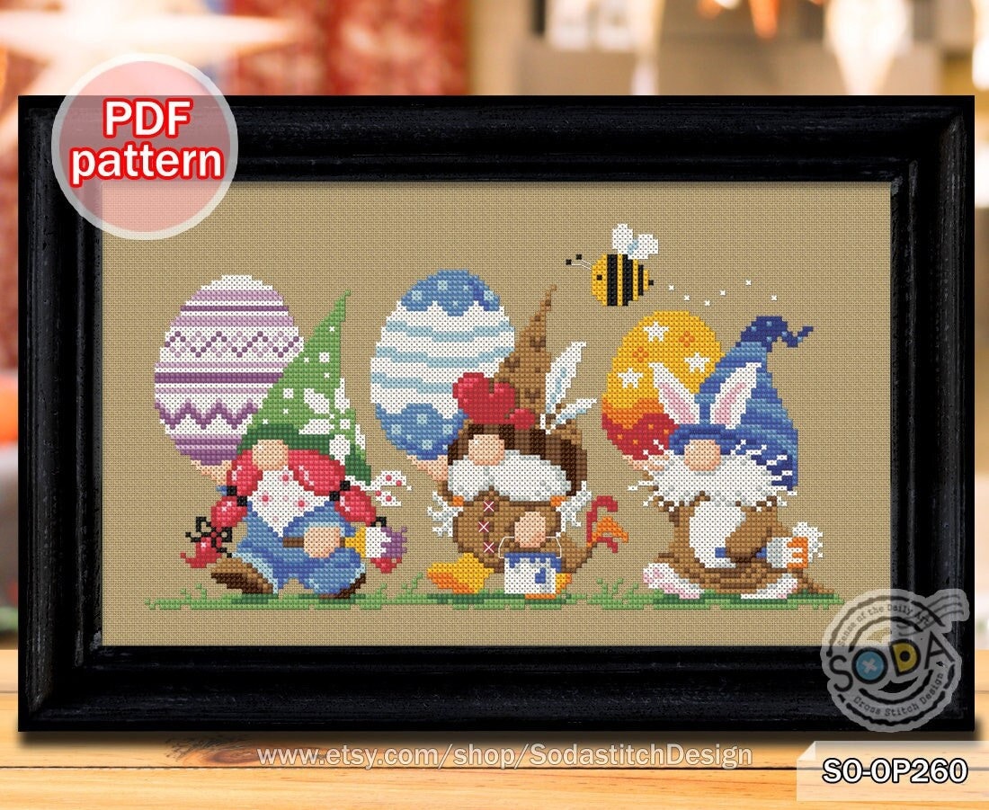 Easter Cross Stitch Pattern pdf Gnome Happy Easter Egg Fairy Elf Pixie Funny Modern for Beginner Instant Download,SO-OP260 'Egg Delivery'
