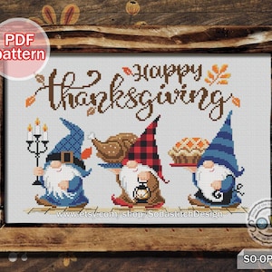 Kruissteekpatroon pdf Kabouter Happy Thanksgiving Day Herfst Herfst Elfenfee Grappig Modern Downloadtabel, SO-OP2224 'Happy Thanksgiving'