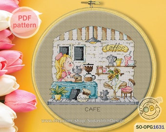 CAFE Cross Stitch Pattern,Coffee Tea Shop Modern Cute Mini Instant pdf Download Counted Chart,SO-OPG1631 'Pop-up Store_CAFE'