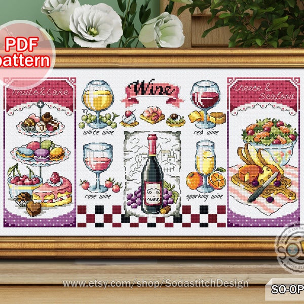 Cross Stitch Pattern pdf Sampler Modern, SO-OPG120 'Wine and Dessert'