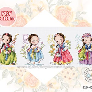 Cross Stitch Pattern pdf Traditional Korean Clothes Costume Hanbok, SO-OPG83 'Four Seasons Girl'