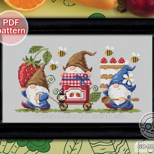Cross Stitch Pattern pdf Gnome Jam Cake Fairy Elf Series Modern, SO-OP2258 'Strawberry Delivery'