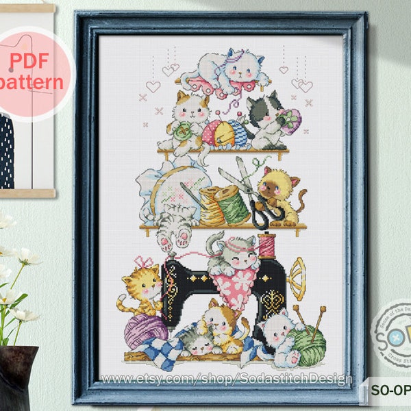 Cross Stitch Pattern pdf Kitten Cat Kitty Cute Animal Modern Instant pdf Download Counted,SO-OPG122 'Sewing Cats'