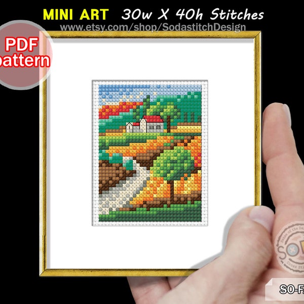 Mini Cross Stitch Pattern pdf Miniature Tiny Country Village Farm Modern Easy Simple for Beginner,SO-FA68 'Landscape 1'