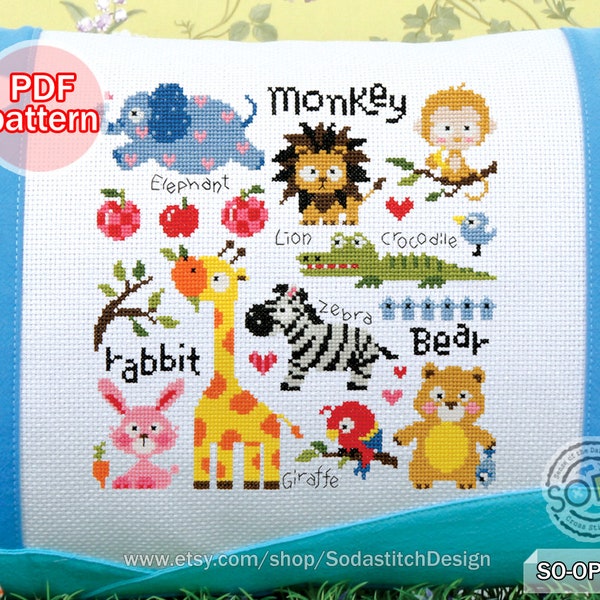 Cross Stitch Pattern pdf Zoo Animal Elephant Crocodile Bear Lion Giraffe Zebra Monkey Rabbit Instant Download,SO-OP3132 'Little Zoo'