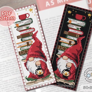 May include: Two cross-stitch bookmarks. One features a gnome with a red hat, holding a lantern, and a stack of books. The other has the same design on a black background. The text "Cross Stitch BOOKMARK" and "PDF pattern" are visible.